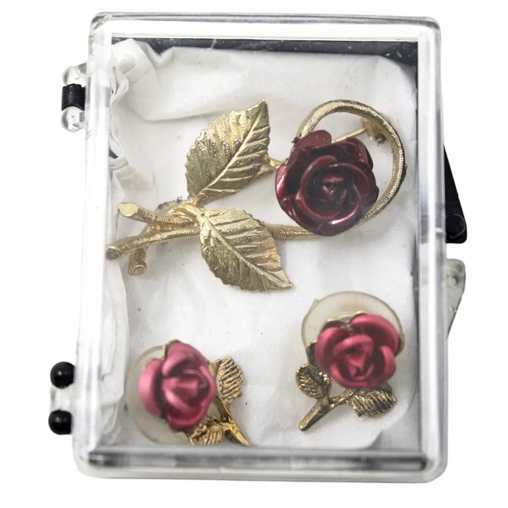 Vintage Matching Red Enameled Rose Pin and Earring Set in Original Box - Hey Viv